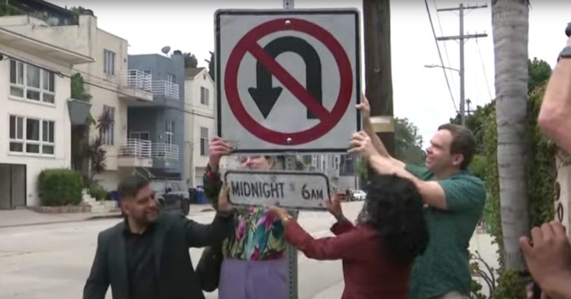 LGBT activists cheered the removal of what were termed "homophobic" traffic signs this week in Los Angeles.