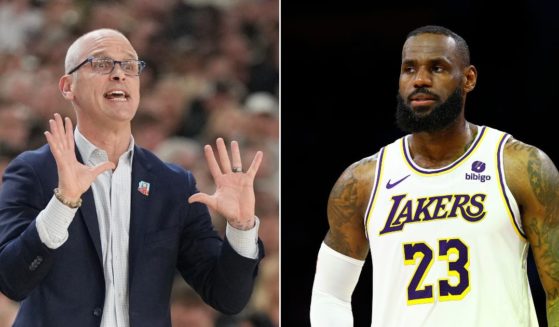 At left, UConn basketball coach Dan Hurley signals to his players during the NCAA championship game against the Purdue Boilermakers at State Farm Stadium in Glendale, Arizona, on April 8. At right, LeBron James of the Los Angeles Lakers looks on during a playoff game at Crypto.com Arena in LA on April 27.