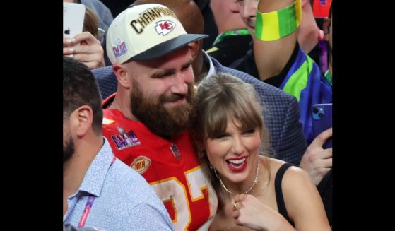 Travis Kelce celebrates with Taylor Swift after the Kansas City Chiefs defeated the San Francisco 49ers 25-22 in Super Bowl LVIII at Allegiant Stadium in Las Vegas on Feb. 11.