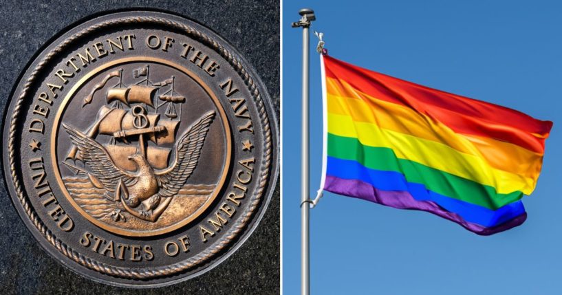 the U.S. Navy seal and a rainbow LGBTQ flag