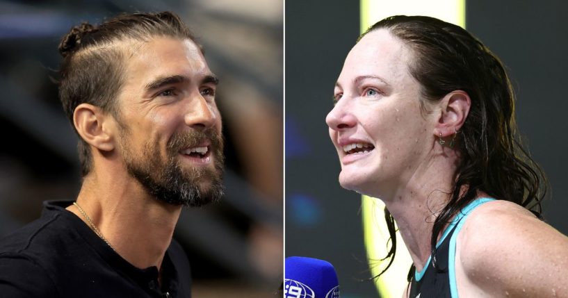 At left, Michael Phelps attends a game in the National League Championship Series between the Arizona Diamondbacks and the Philadelphia Phillies at Chase Field in Phoenix on Oct. 20, 2023. At right, Cate Campbell is interviewed after competing in the women’s 50m freestyle final during the 2024 Australian swimming trials at Brisbane Aquatic Centre in Brisbane on June 15.