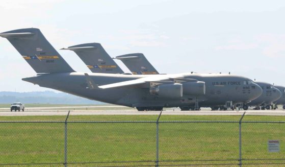 C-17 Globemaster III aircraft from Joint Base Charleston, South Carolina, sits parked on the runway apron at Wright-Patterson Air Force Base.