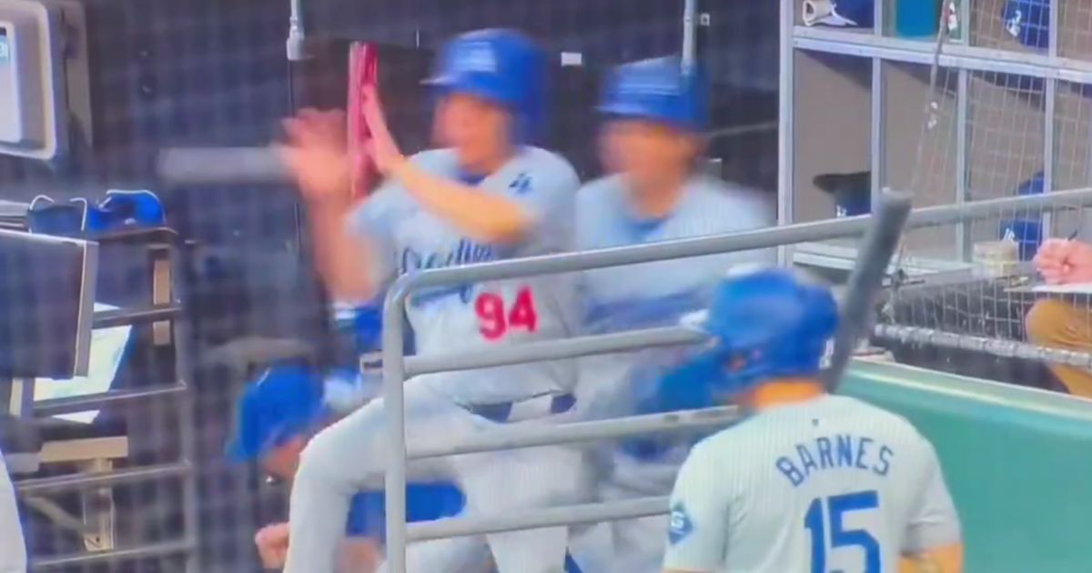 A Los Angeles Dodgers batboy catches a ball before anyone is hurt.