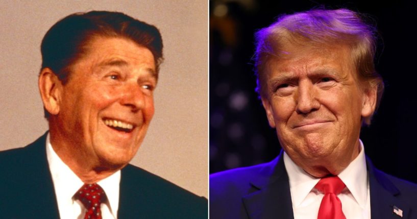 Is former President Donald Trump, right, taking a page from the electoral playbook of Ronald Reagan, left?