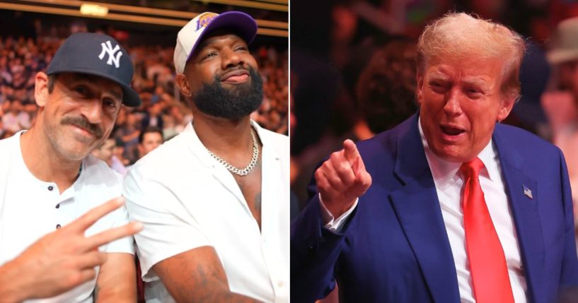 NFL quarterback Aaron Rodgers, left, and former President Donald Trump, right attend UFC 302 at the Prudential Center in Newark, New Jersey, on Saturday.