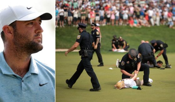 At left, Scottie Scheffler walks from the 17th tee during the Travelers Championship at TPC River Highlands in Cromwell, Connecticut, on Sunday. At right, climate protesters are arrested on the 18th green.