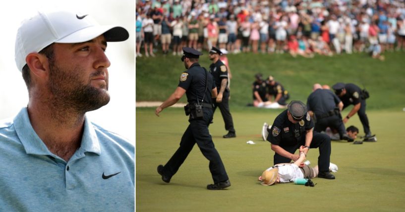 At left, Scottie Scheffler walks from the 17th tee during the Travelers Championship at TPC River Highlands in Cromwell, Connecticut, on Sunday. At right, climate protesters are arrested on the 18th green.