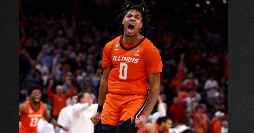 Terrence Shannon Jr. of the Illinois Fighting Illini celebrates a basket against the Iowa State Cyclones during the second half in the Sweet 16 round of the NCAA Men's Basketball Tournament at TD Garden on March 28 in Boston, Massachusetts.