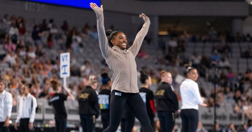 Simone Biles is introduced during the Xfinity U.S. Gymnastics Championships at Dickies Arena in Fort Worth, Texas, on June 2.