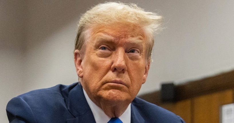 Former President Donald Trump sits in the courtroom during his criminal trial at Manhattan Criminal Court in New York on April 18.