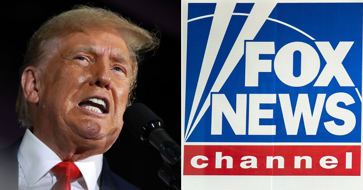 At left, former President Donald Trump speaks to members of the Club 47 group at the Palm Beach Convention Center in West Palm Beach, Florida, on Friday. At right is the Fox News logo.