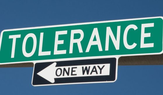This image shows the word 'tolerance' printed on a green overhead highway sign with the one way arrow underneath.