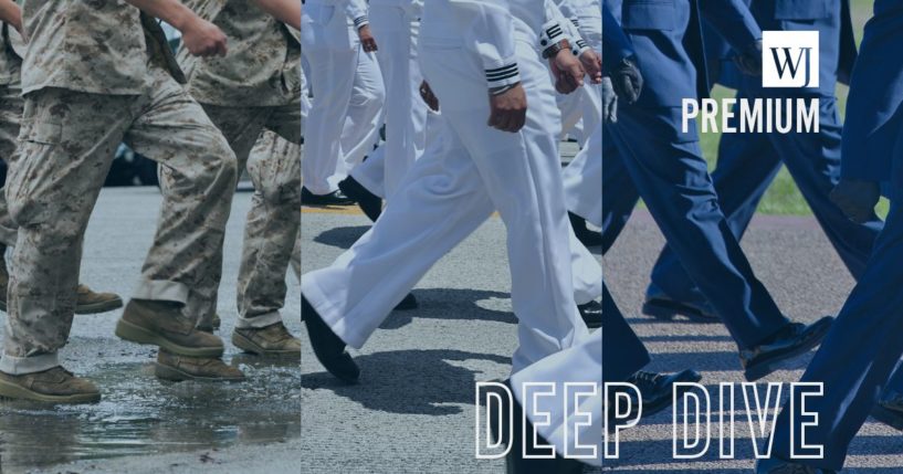 U.S. Marine Corps recruits, left, U.S. Navy sailors, center, and U.S. Air Force airmen, right, march in formation.