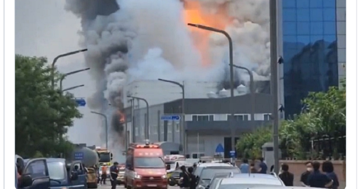 Fire rages at a lithium battery factory in Hwaseong, South Korea, on Sunday.