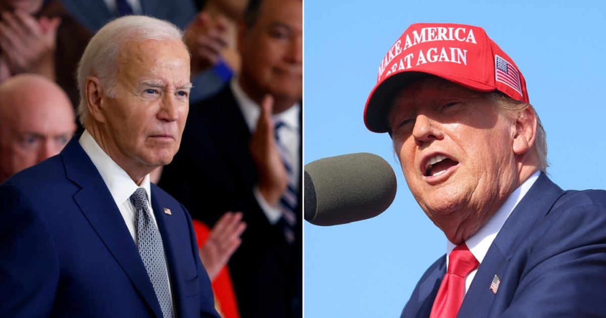 President Joe Biden, left, is pictured at the White House on Tuesday; former President Donald Trump, right, is pictured speaking on the same day in Racine, Wisconsin.
