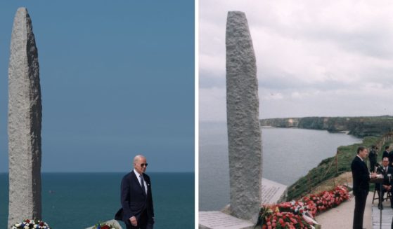 (L) U.S. President Joe Biden prepares to deliver a speech at Pointe du Hoc, where U.S. Army Rangers scaled cliffs over 100 feet high on D-Day to destroy a heavily fortified German position, on June 7, 2024 at Pointe du Hoc, near Le Bavent, France. (R) US President Ronald Reagan delivers a speech commemorating the Fortieth Anniversary of D-Day on June 6, 1984, at the site of the Allied invasion, Pointe Du Hoc, Normandy, France.