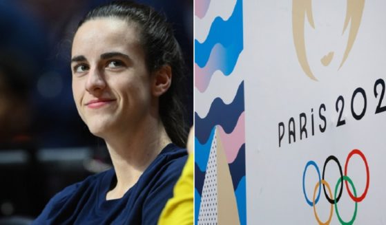 WNBA phenomenon Caitlin Clark, left; a Paris wall with a painting of the Paris Olympics logo, right.