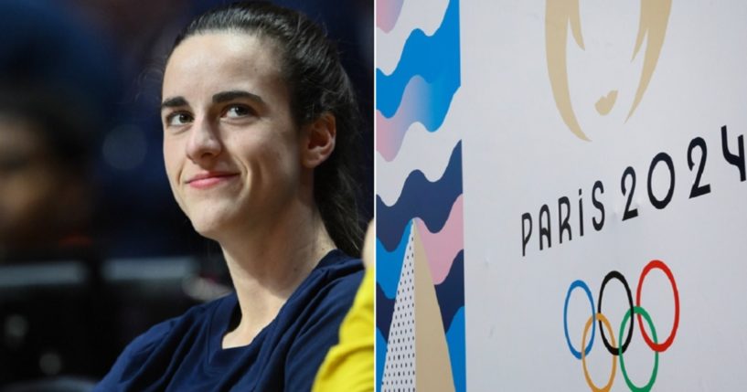 WNBA phenomenon Caitlin Clark, left, is pictured; a Paris wall with a painting of the Paris Olympics logo is pictured on the right.