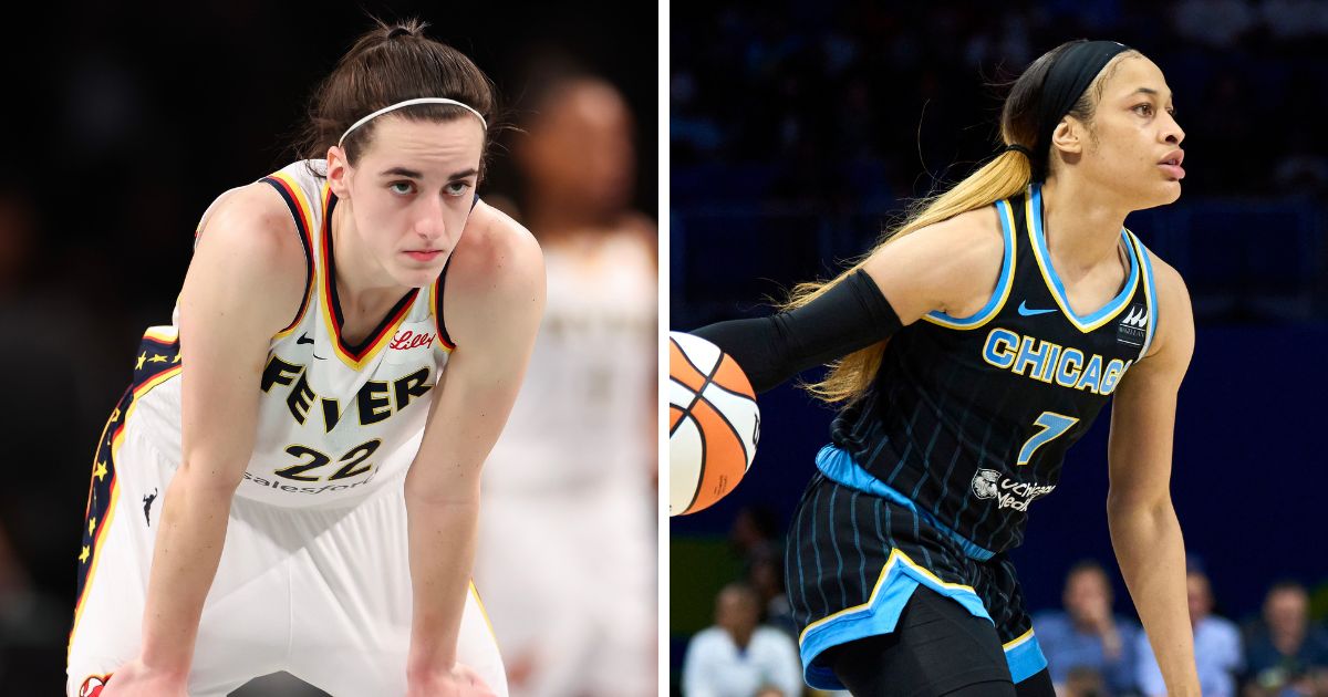 (L) Caitlin Clark #22 of the Indiana Fever looks on against the New York Liberty during the second half at Barclays Center on June 2, 2024 in New York City. (R) Chennedy Carter #7 of the Chicago Sky brings the ball up court against the Dallas Wings at the College Park Center on May 15, 2024 in Arlington, Texas.