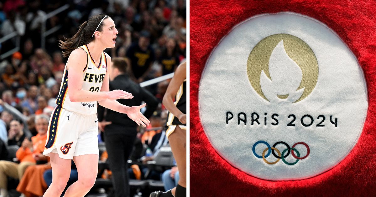 (L) Caitlin Clark #22 of the Indiana Fever celebrates after scoring in the third quarter against the Washington Mystics at Capital One Arena on June 7, 2024 in Washington, DC. (R) Close-up of the "Paris 2024" logo on the Phryge mascot's stuffed toy as part of 9th stage of the Olympic Torch Relay in Toulouse, southwest of France, May 17, 2024.