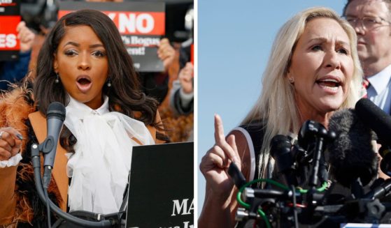 (L) U.S. Rep. Jasmine Crockett (D-TX) speaks during a press conference held to address Republicans' decision to prioritize the impeachment of President Joe Biden over major domestic issues in the United States on December 13, 2023 in Washington, DC. (R) Rep. Marjorie Taylor Greene (R-GA) speaks at a news conference alongside Rep. Thomas Massie at the U.S. Capitol Building on May 1, 2024 in Washington, DC.