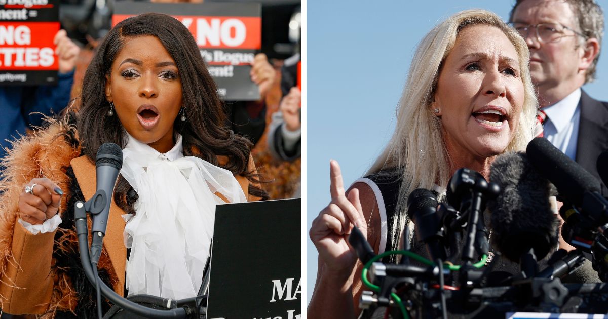 (L) U.S. Rep. Jasmine Crockett (D-TX) speaks during a press conference held to address Republicans' decision to prioritize the impeachment of President Joe Biden over major domestic issues in the United States on December 13, 2023 in Washington, DC. (R) Rep. Marjorie Taylor Greene (R-GA) speaks at a news conference alongside Rep. Thomas Massie at the U.S. Capitol Building on May 1, 2024 in Washington, DC.