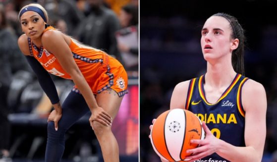 DiJonai Carrington, left, of the WNBA's Connecticut Sun, pictured in a May 20 file photo; Caitlin Clark, right, of the Indiana Fever.