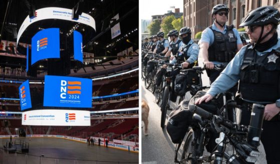 (L) The logo for the Democratic National Convention is displayed on the scoreboard at the United Center during a media walkthrough on January 18, 2024 in Chicago, Illinois. (R) A woman (not pictured) walks her dog past police who are keeping activists across the street from campus while workers and police remove a pro-Palestinian encampment at DePaul University on May 16, 2024 in Chicago, Illinois.