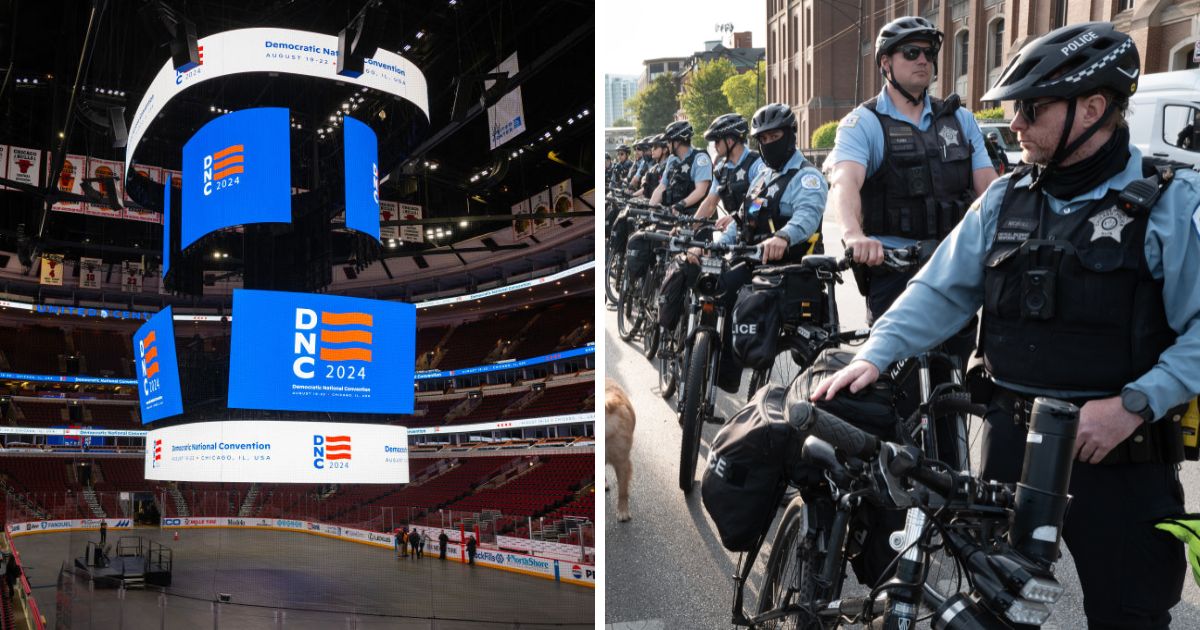 (L) The logo for the Democratic National Convention is displayed on the scoreboard at the United Center during a media walkthrough on January 18, 2024 in Chicago, Illinois. (R) A woman (not pictured) walks her dog past police who are keeping activists across the street from campus while workers and police remove a pro-Palestinian encampment at DePaul University on May 16, 2024 in Chicago, Illinois.