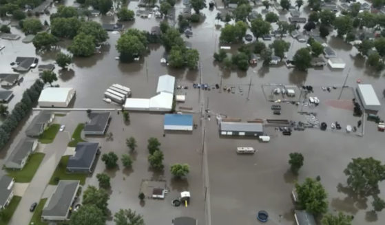 This image provided by Sioux County Sheriff shows City of Rock Valley, Iowa, on Saturday, June 22, 2024. Gov. Kim Reynolds sent helicopters to the small town to evacuate people from flooded homes Saturday.