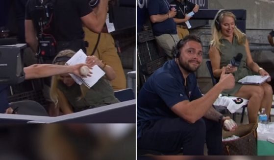 Side by side pictures show a cameraman snagging a foul ball, left; with the same cameraman giving a thumbs up, right.