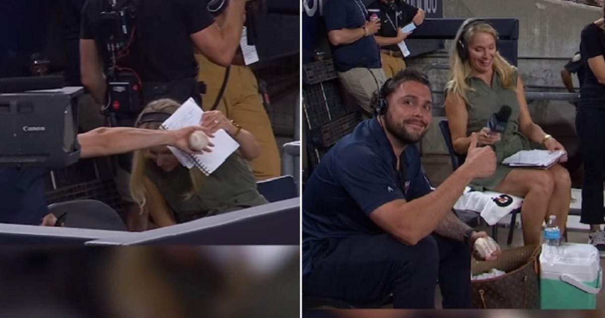 Side by side pictures show a cameraman snagging a foul ball, left; with the same cameraman giving a thumbs up, right.