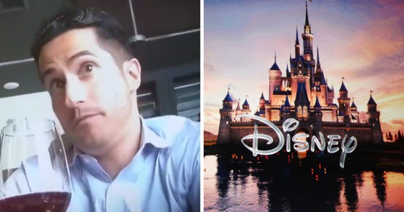 (L) This X screen shot shows Michael Giordano, a Disney executive, from an undercover video. (R) The Walt Disney logo is projected on a screen onstage during the Walt Disney Studios presentation at The Colosseum at Caesars Palace at CinemaCon 2024 in Las Vegas, Nevada, on April 11, 2024.