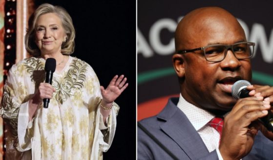 Hillary Clinton, left, at the June 16 Tony Awards; U.S. Rep. Jamaal Bowman, right, in a 2022 file photo.