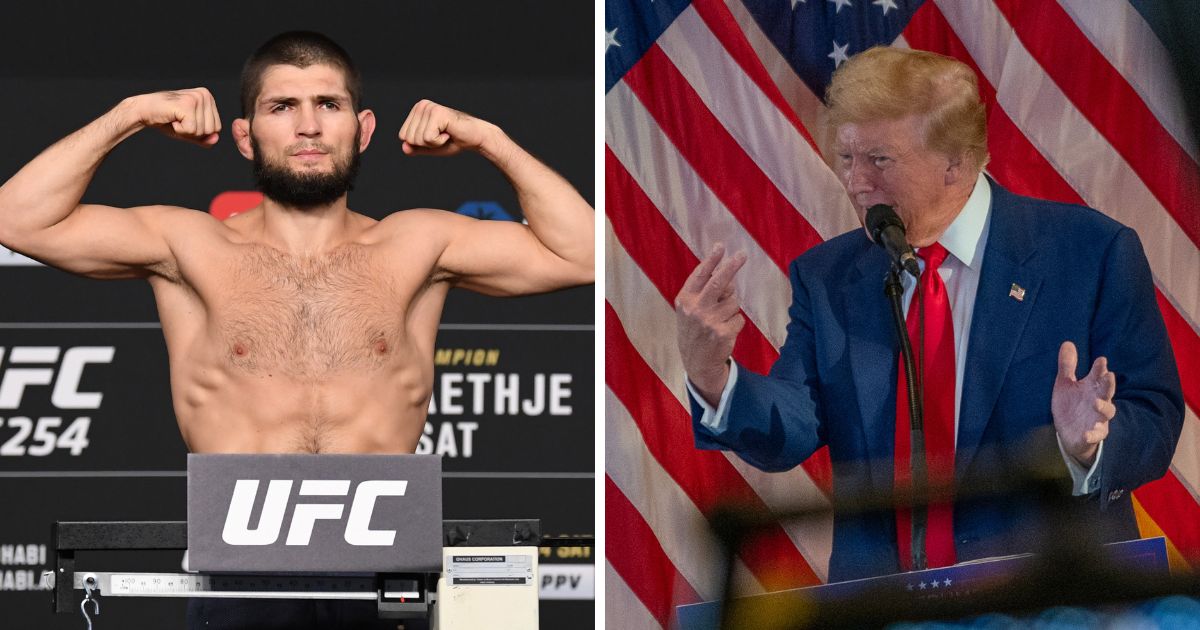 (L) Khabib Nurmagomedov of Russia poses on the scale during the UFC 254 weigh-in on October 23, 2020 on UFC Fight Island, Abu Dhabi, United Arab Emirates. (R) Former President and Republican Presidential candidate Donald Trump speaks during a press conference at Trump Tower on May 31, 2024 in New York City.