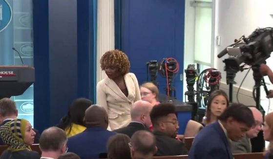 This X screen shot shows White House press secretary Karine Jean-Pierre as she leaves her podium during a June 18, 2024 briefing due to a medical emergency in the room.