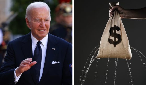 (L) US President Joe Biden and US first lady Jill Biden [not pictured] pose ahead of an official state dinner as part of US President's state visit to France on June 8, 2024 in Paris, France. (R) This Getty stock image shows a leaking money bag.