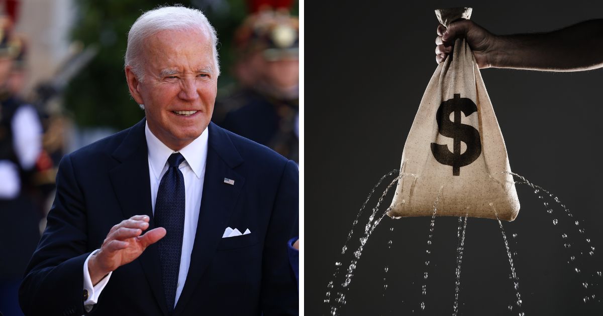 (L) US President Joe Biden and US first lady Jill Biden [not pictured] pose ahead of an official state dinner as part of US President's state visit to France on June 8, 2024 in Paris, France. (R) This Getty stock image shows a leaking money bag.