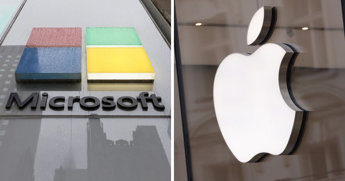 (L) The Microsoft logo is seen at an Experience Center on Fifth Avenue on April 3, 2024 in New York City. (R) The Apple logo hangs on an Apple Store on March 25, 2024 in Berlin, Germany.
