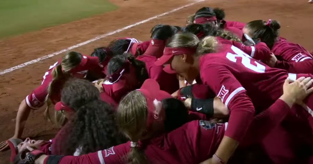 This YouTube screen shot shows the Oklahoma Sooners softball team celebrating a fourth consecutive Women's College Softball World Series win on June 6, 2024.