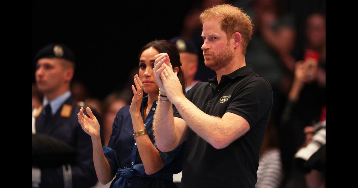 Meghan, Duchess of Sussex and Prince Harry, Duke of Sussex watch on during the Mixed Team Gold Medal match between Team Colombia and Team Poland during day six of the Invictus Games Düsseldorf 2023 on September 15, 2023 in Duesseldorf, Germany.