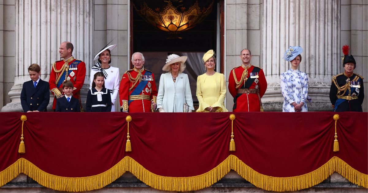 Britain's King Charles III Queen Camilla, center, stand with, from left, Prince George; Prince William; Prince Louis; Princess Catherine; Princess Charlotte; Sophie, Duchess of Edinburgh; Prince Edward; Lady Louise Windsor; and Princess Anne on the balcony of Buckingham Palace after attending the King's Birthday Parade "Trooping the Colour" in London on June 15.