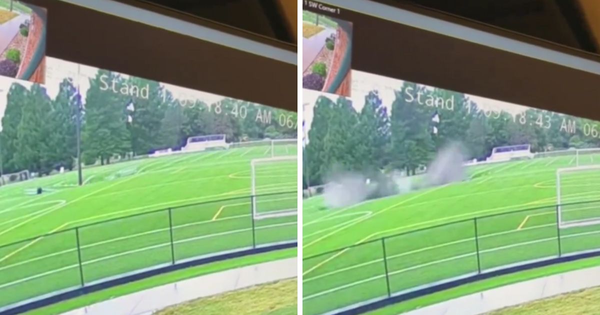 These X screen shots show a sinkhole swallowing a light post at a soccer field in Alton, Illinois on June 26, 2024.