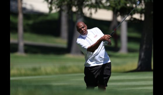 Sports analyst Charles Barkley plays his shot from the 14th fairway prior to the 2023 American Century Championship at Edgewood Tahoe Golf Course on July 13, 2023 in Stateline, Nevada.