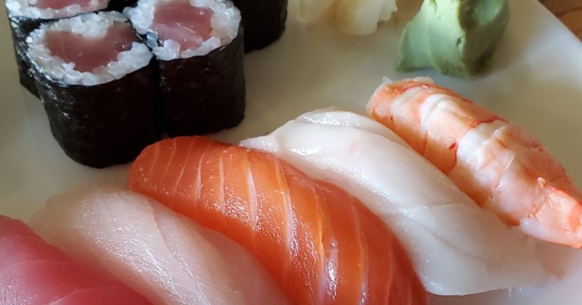 Sushi rolls in nigiri style are visible on a plate at the Blue Ginko Japanese cuisine restaurant in Lafayette, California, on Dec. 16, 2021.