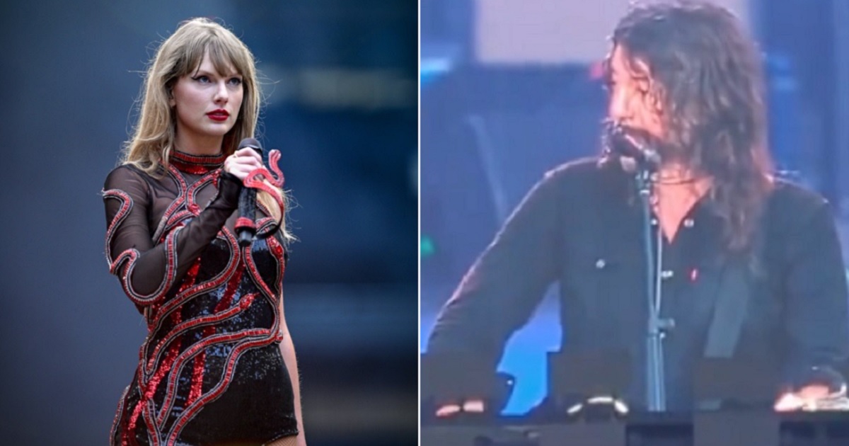 Pop star Taylor Swift, left, in a concert at London's Wembley Stadium; Foo Fighters frontman Dave Grohl, right, on stage at London Stadium.