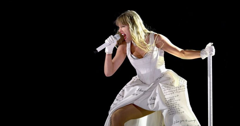 Taylor Swift performs on stage during "Taylor Swift | The Eras Tour" at Anfield on June 13, 2024 in Liverpool, England.