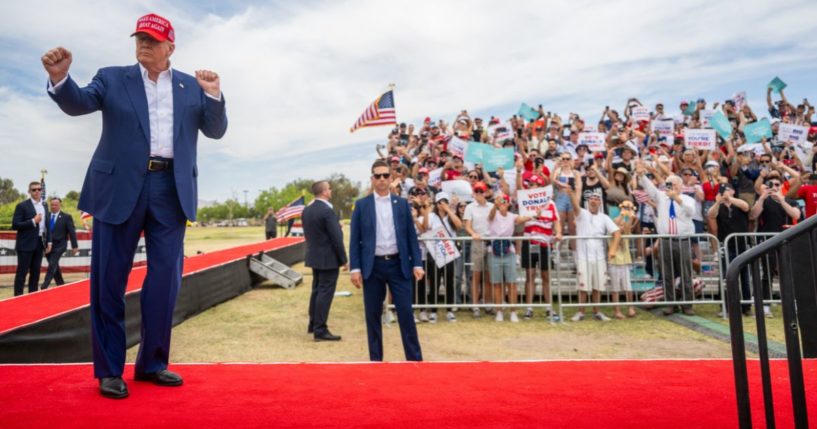 Republican presidential candidate, former U.S. President Donald Trump dances upon arrival at his campaign rally at Sunset Park on June 9, 2024 in Las Vegas, Nevada.