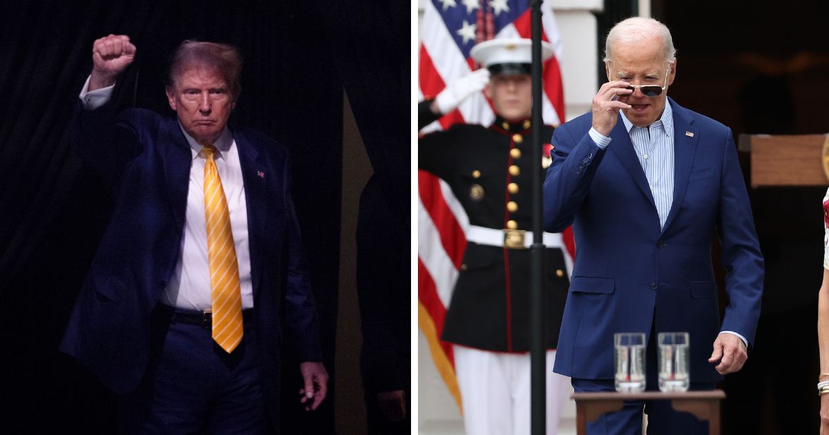 (L) Former US President and 2024 Republican presidential candidate Donald Trump raises his fist as he walks off stage after participating in a town hall event at Dream City Church in Phoenix, Arizona, on June 6, 2024. (R) U.S. President Joe Biden arrives for the congressional picnic on the South Lawn of the White House on June 4, 2024 in Washington, DC.