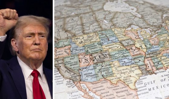 (L) Former President Donald Trump walks on to the stage to give the keynote address at Turning Point Action's "The People's Convention" on June 15, 2024 in Detroit, Michigan. (R) This Getty stock image shows a picture of a map of the United States.
